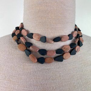 Vintage Black & Brown Wood 3-Strand Necklace Plastic Closure 17"